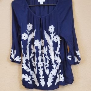 Charter Club Navy 3/4 Sleeve Embroidered Blouse